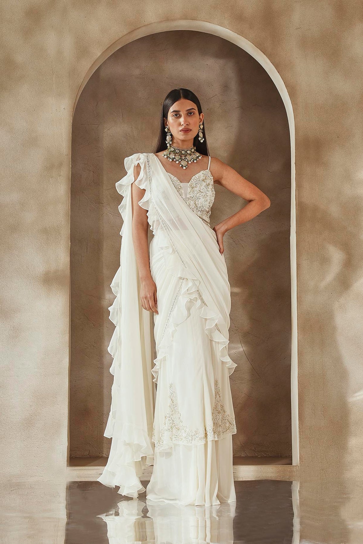 Ivory Embellished Saree Set