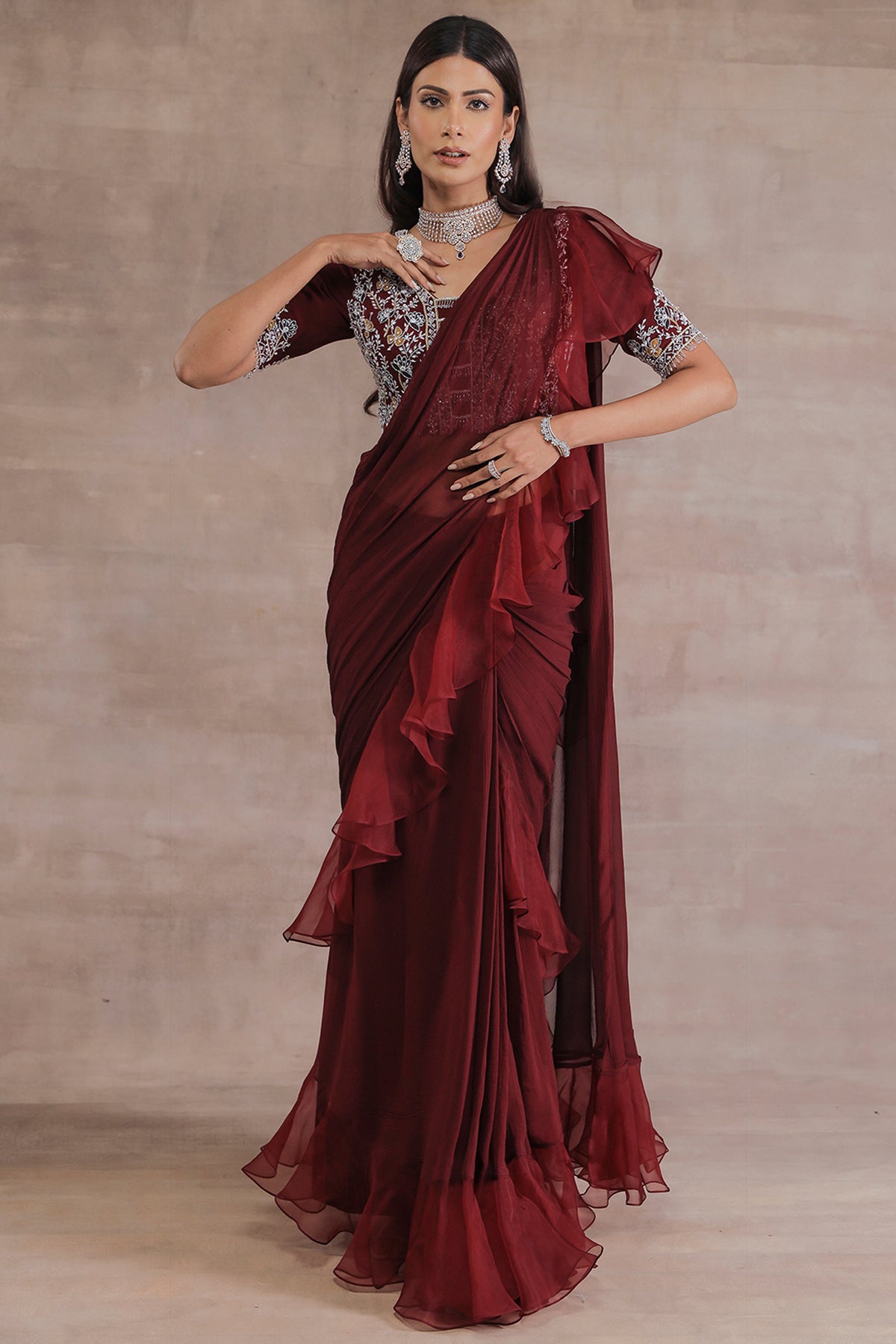Maroon Ruffled Pre-Stitched Saree Set