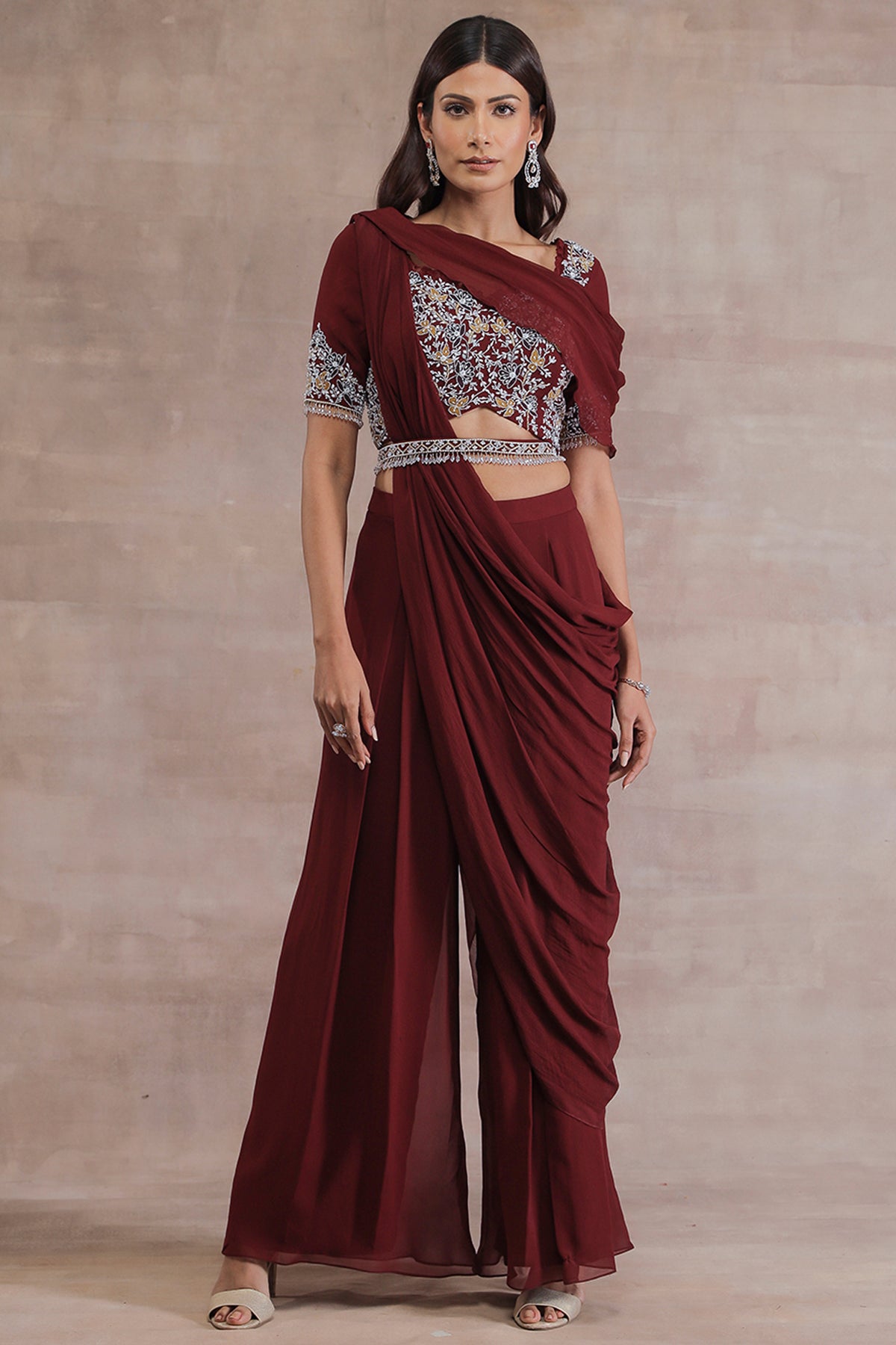Maroon Hand Embroidered Pant Saree Set With Belt