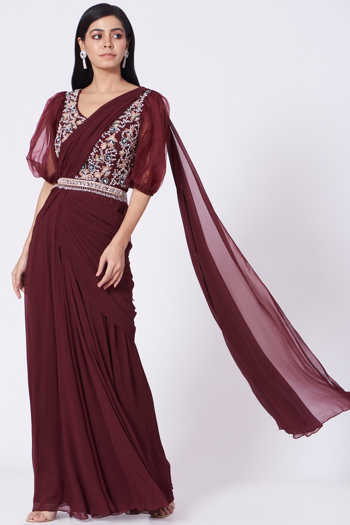 Maroon Draped Concept Saree Set