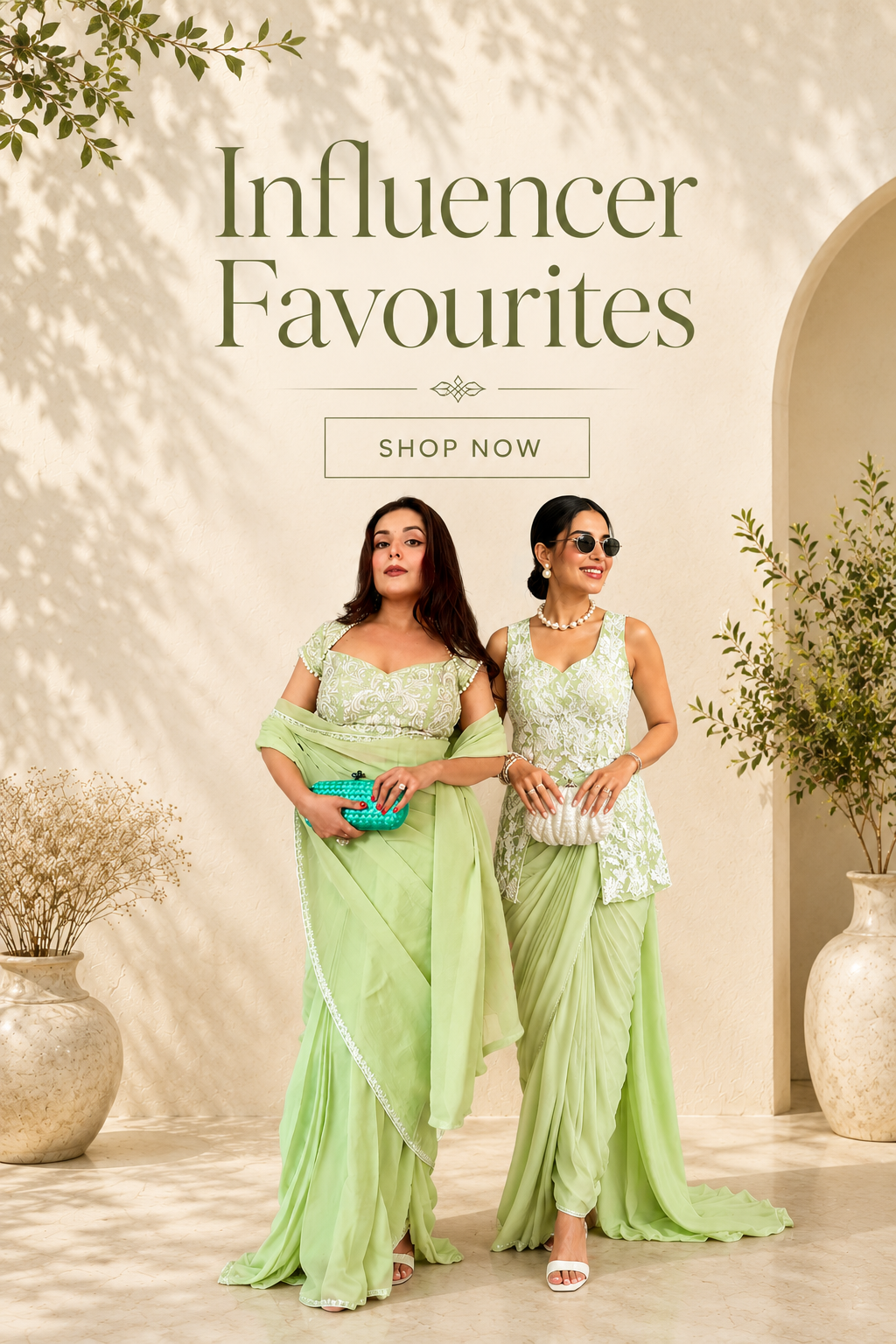 Two women in light green sarees standing in a decorative indoor setting with text 'Influencer Favourites' and 'Shop Now'.