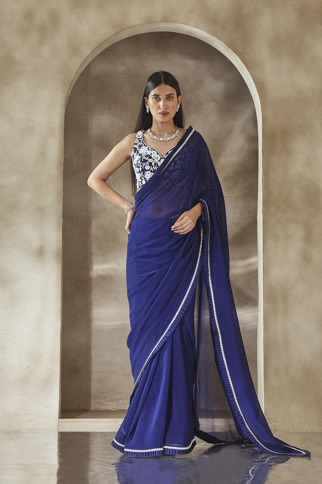 Royal Blue Floral Embroidered Pure Crepe Draped Saree
