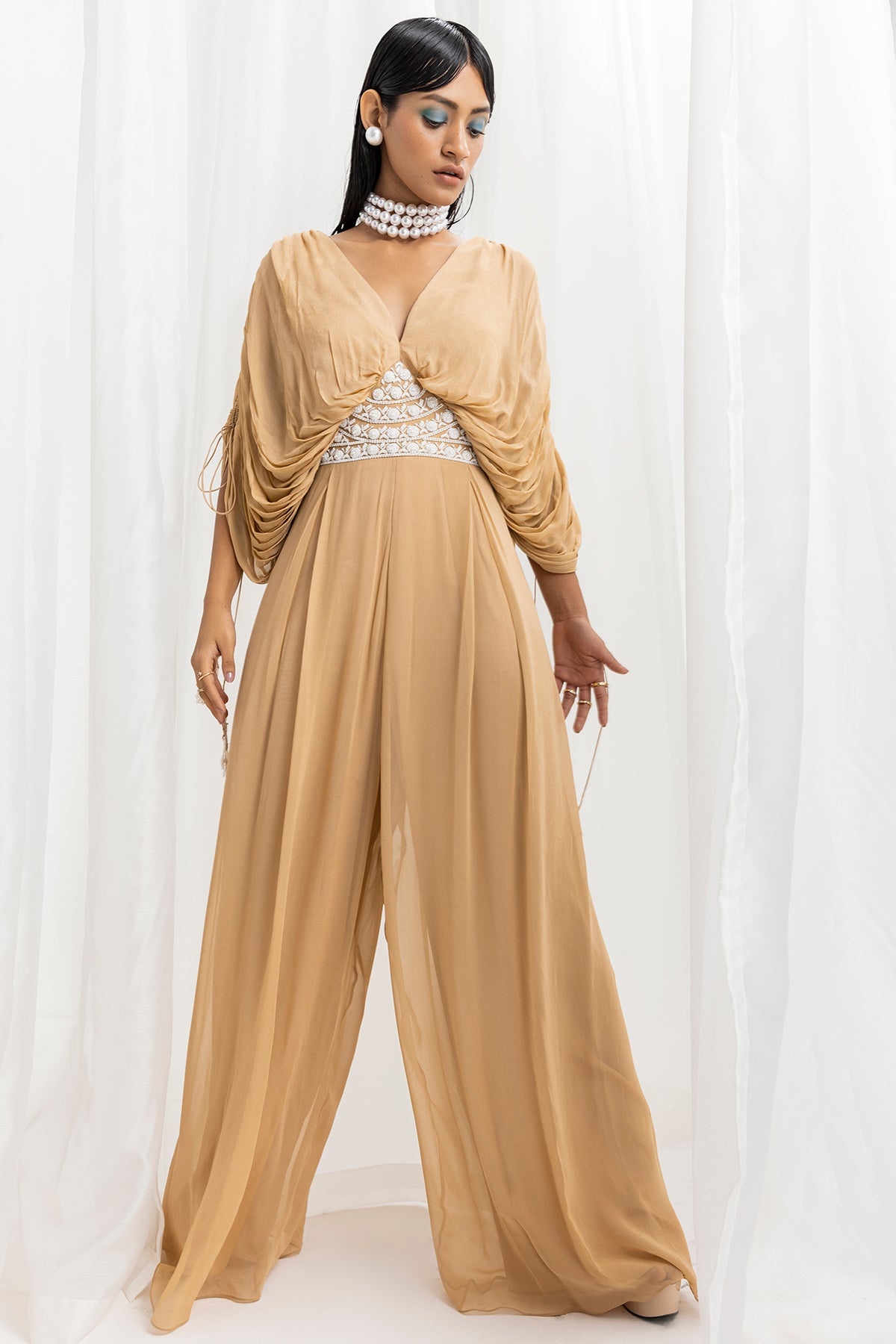 Dune Gold Chiffon & Georgette Embellished Draped Jumpsuit SeemaThukral Dune Gold Chiffon & Georgette Embellished Draped Jumpsuit SeemaThukral
