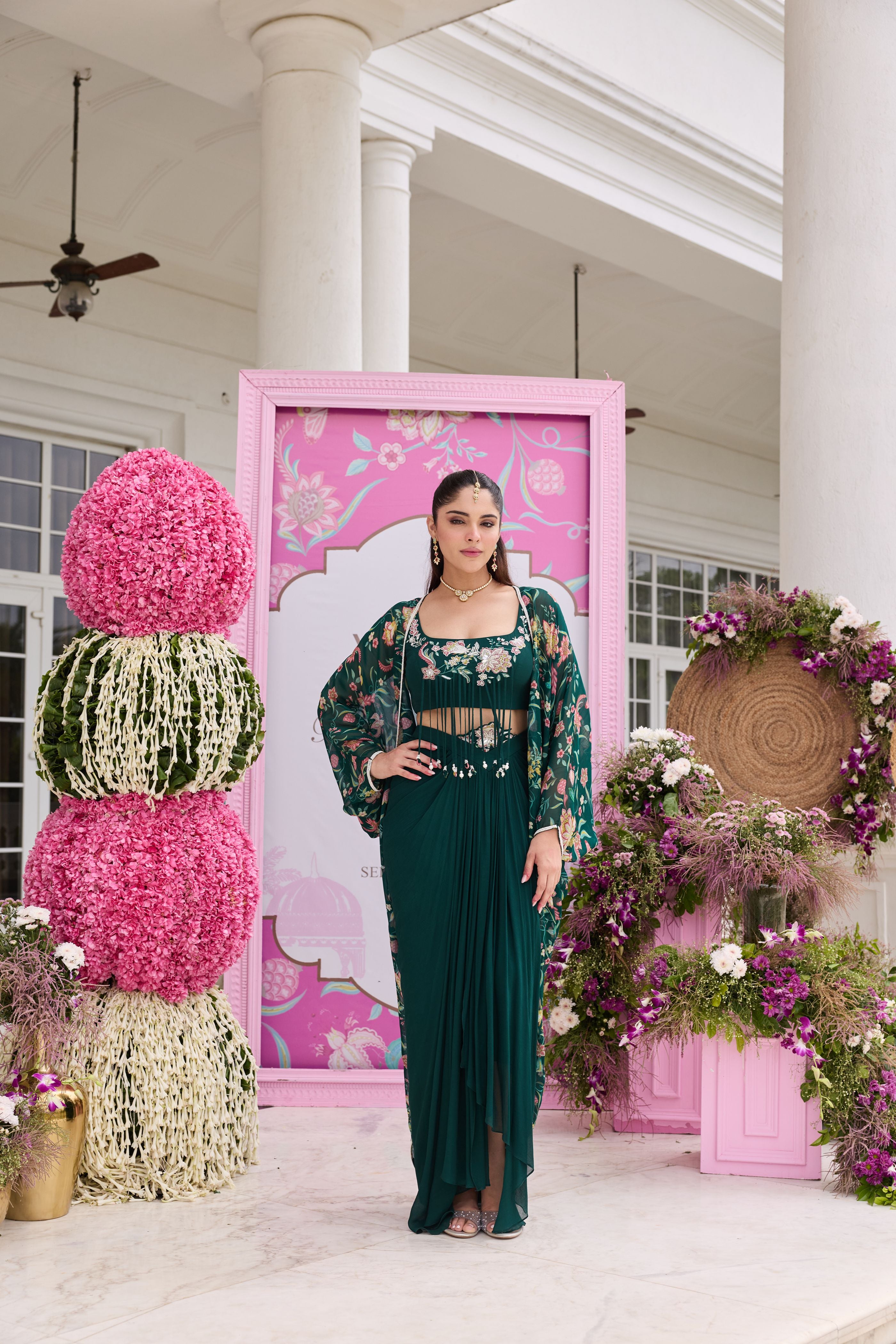 Emerald Green Printed Peplum Top With Flared Pants – SeemaThukral