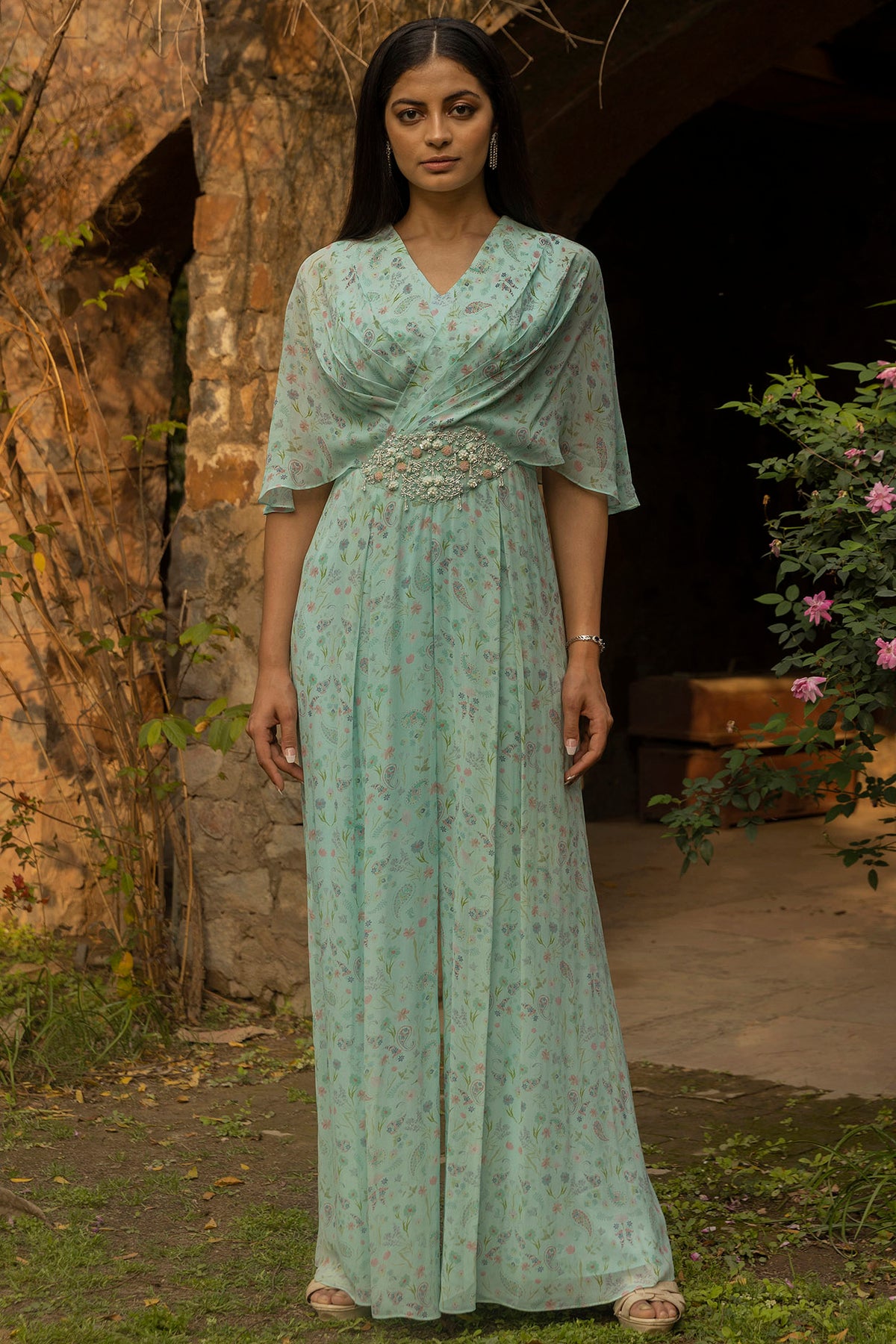 Mint Blue Embellished Draped Jumpsuit