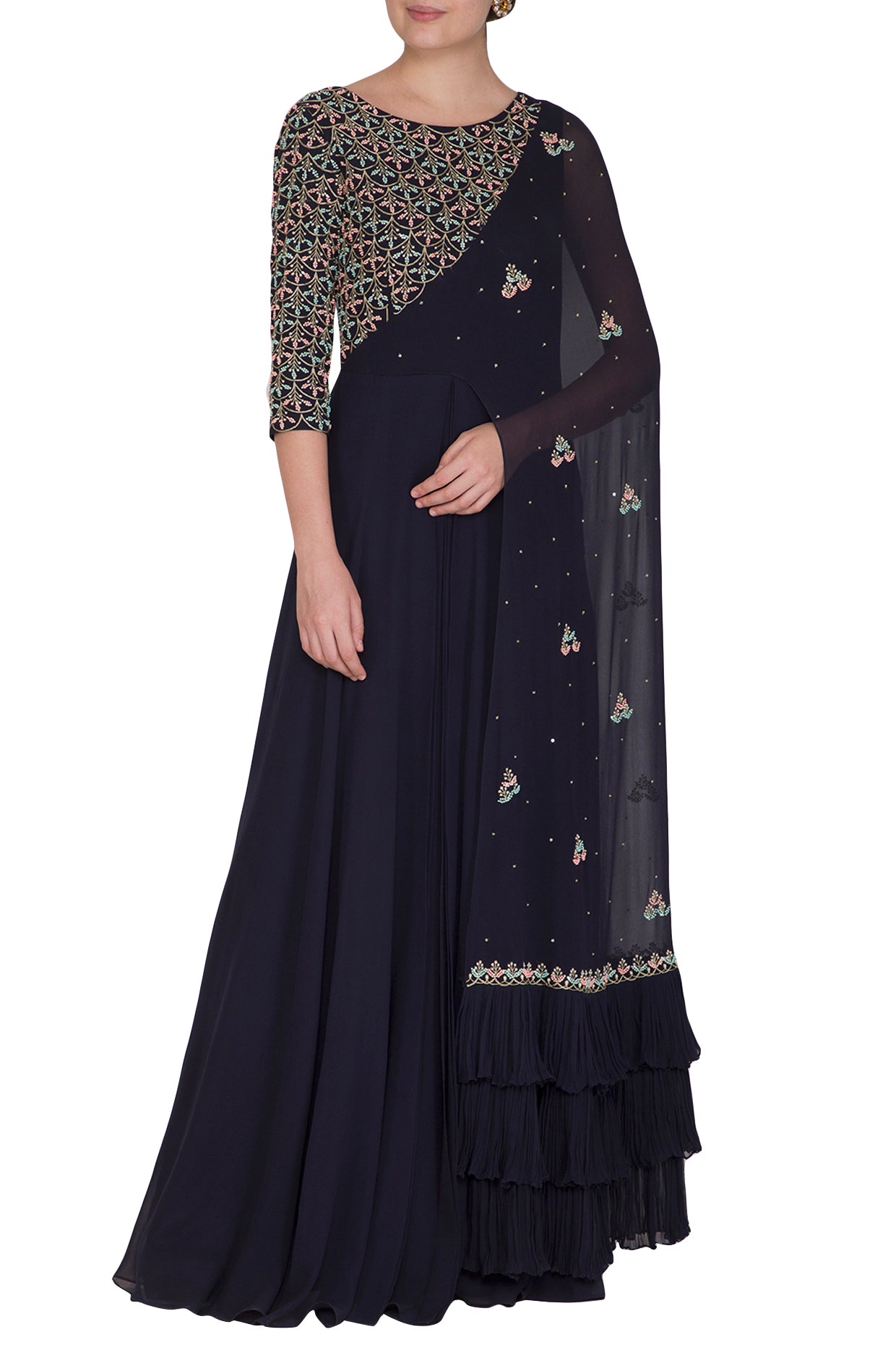 Hand Embroidered Viscose Georgette Gown with attached Dupatta in Sea Green  : TCU58