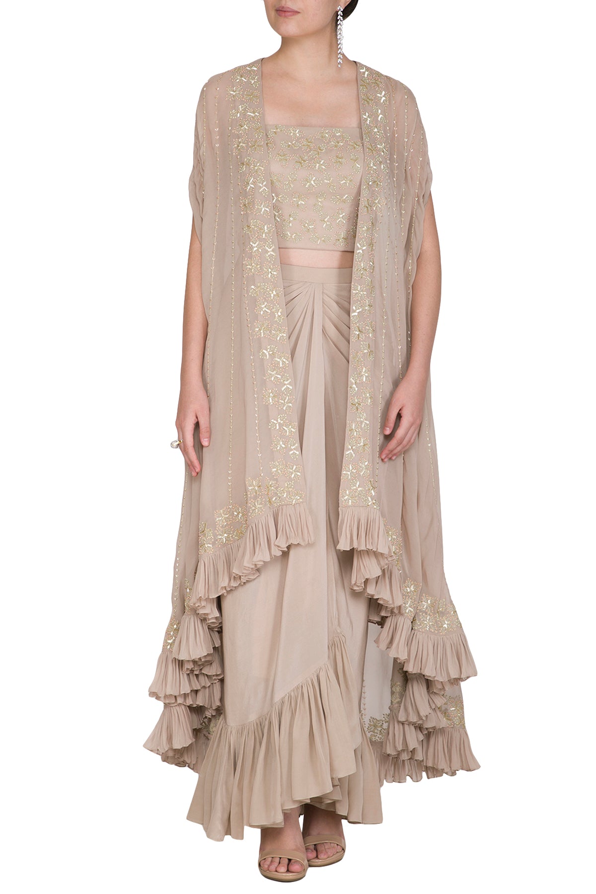 Ecru Embroidered Top With Jacket & Skirt