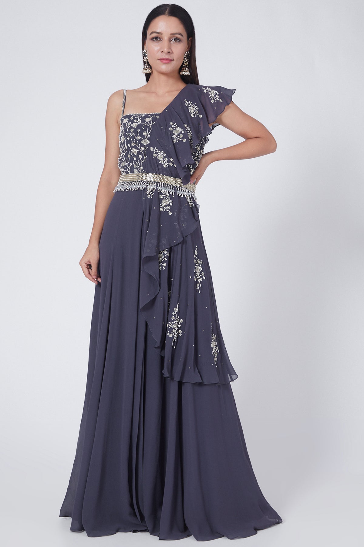 Teal Blue Embellished Gown With Belt