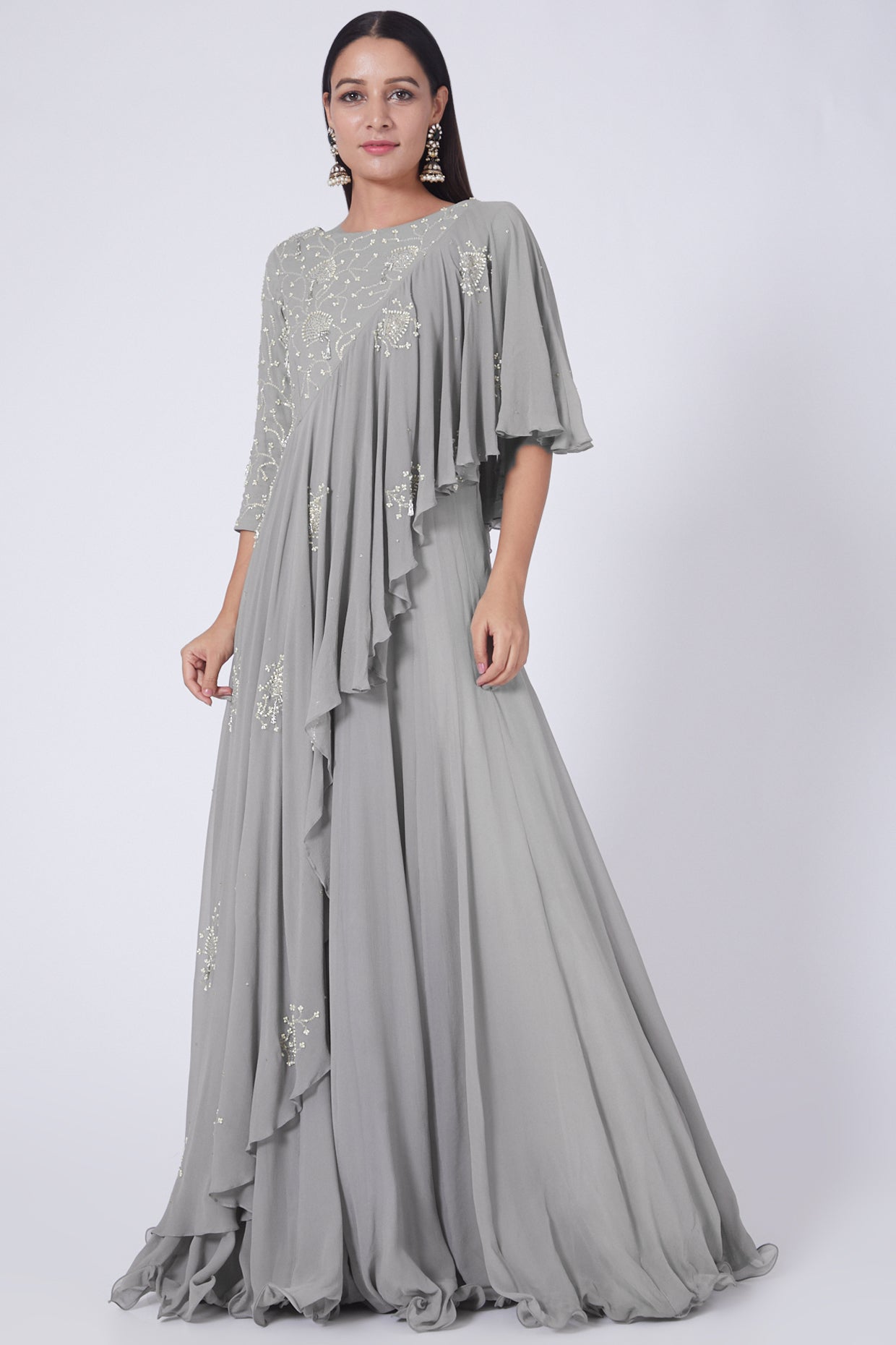 Onion Pink & Grey attached Dupatta Gown – Cara Creation LLP | all.biz