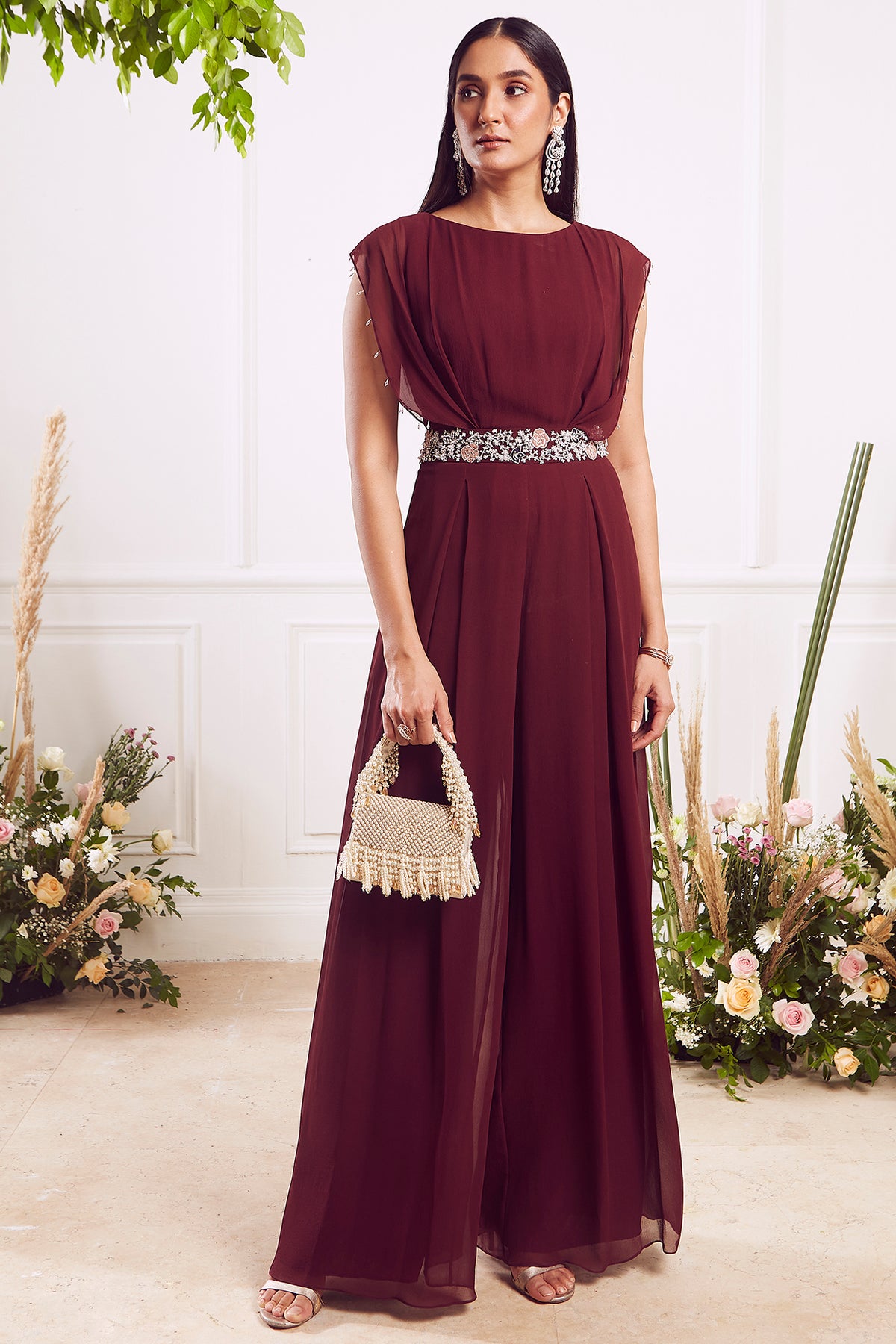 Maroon Sequins Hand Embroidered Jumpsuit