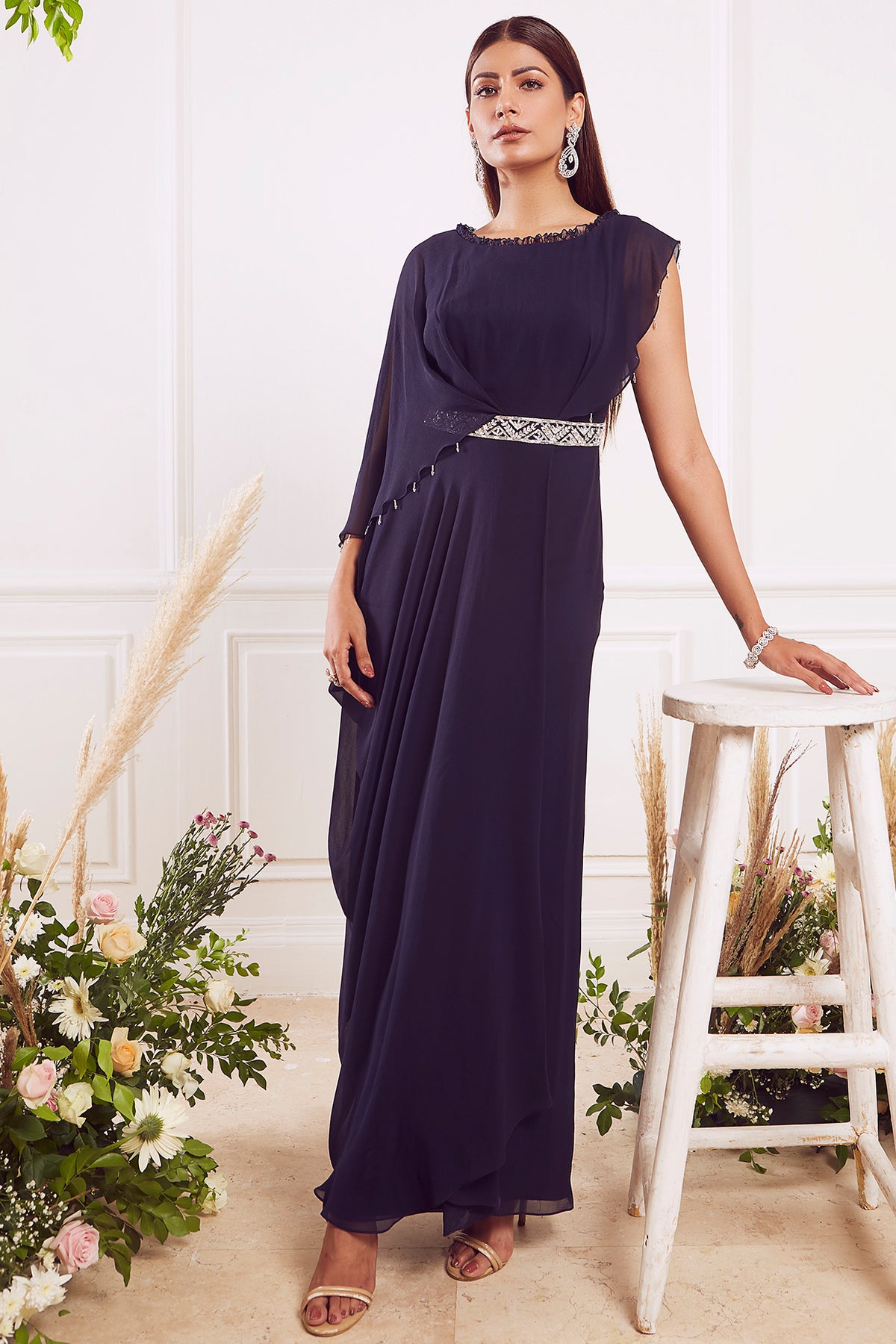 Navy Blue Georgette Draped Dress