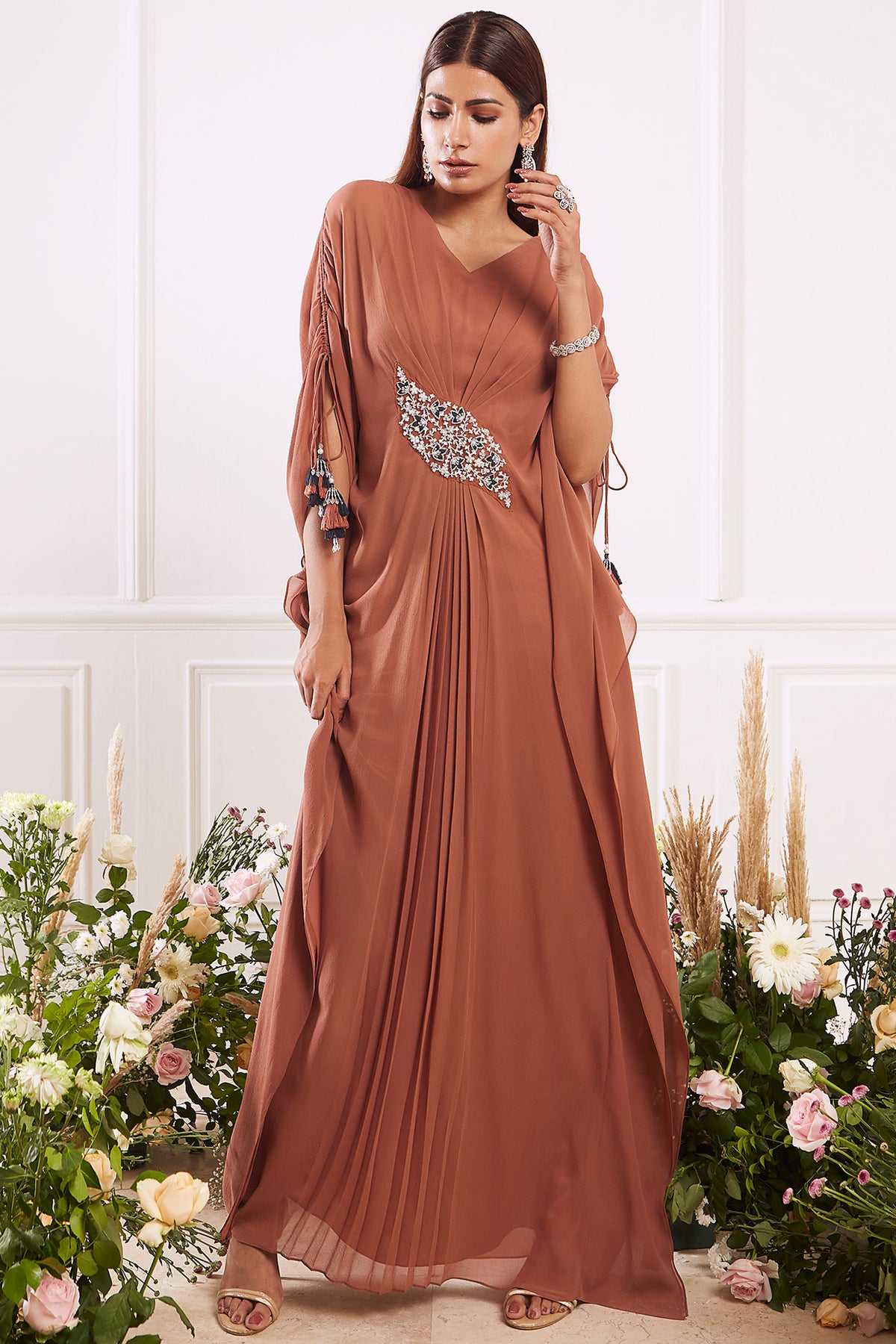 Brown Crystals Embroidered Kaftan