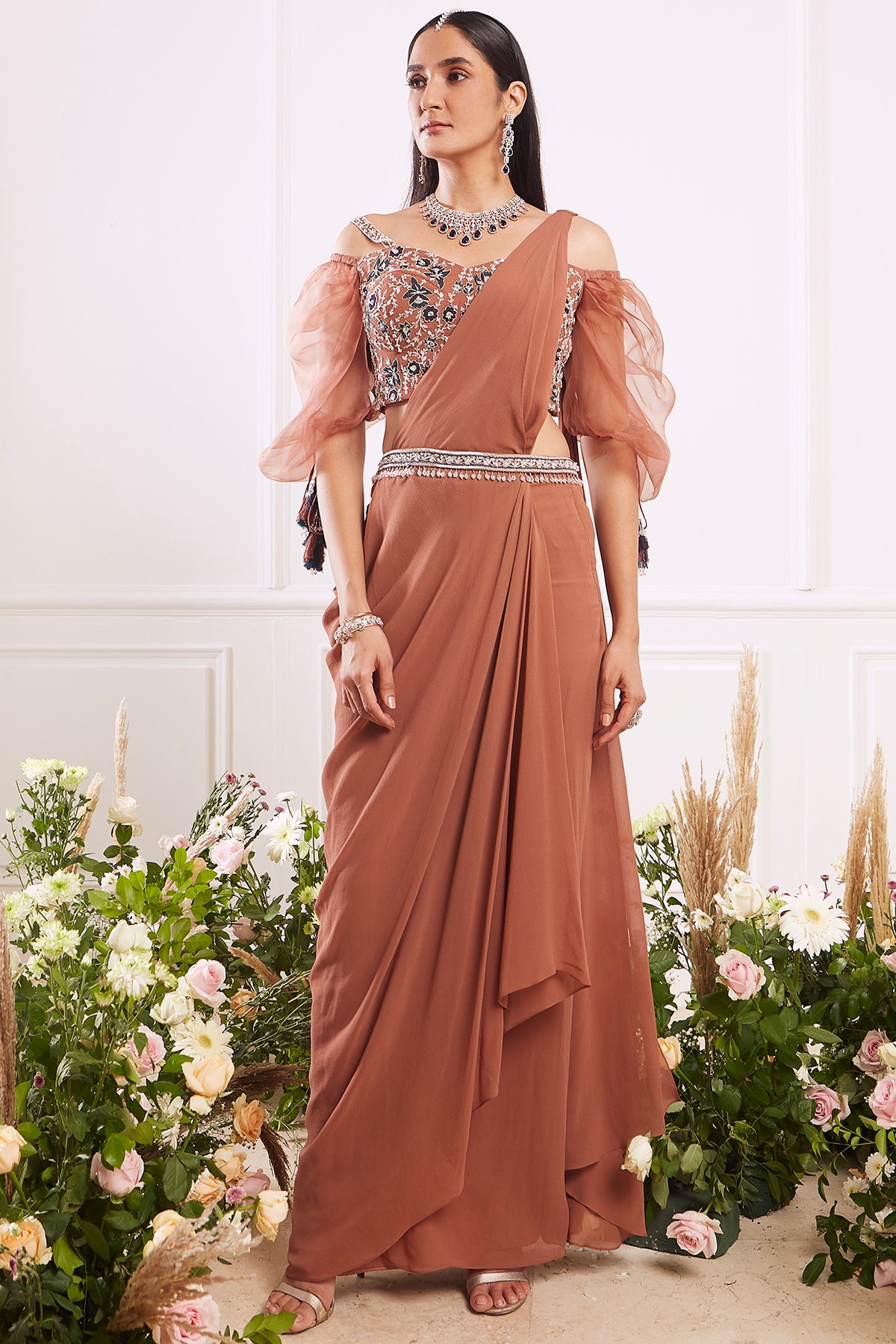 Brown Georgette Pre-Stitched Saree Set
