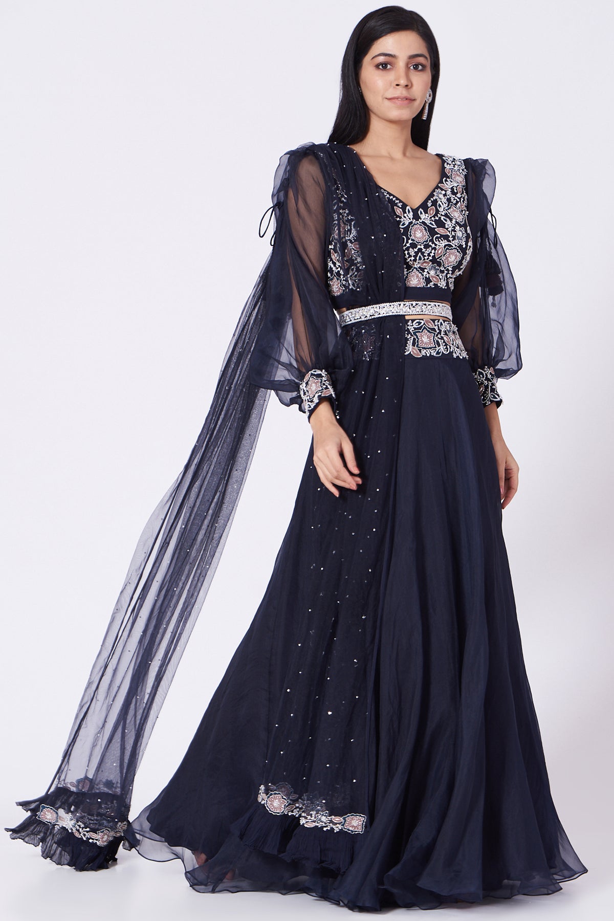 Navy Blue Hand Embroidered Lehenga Set