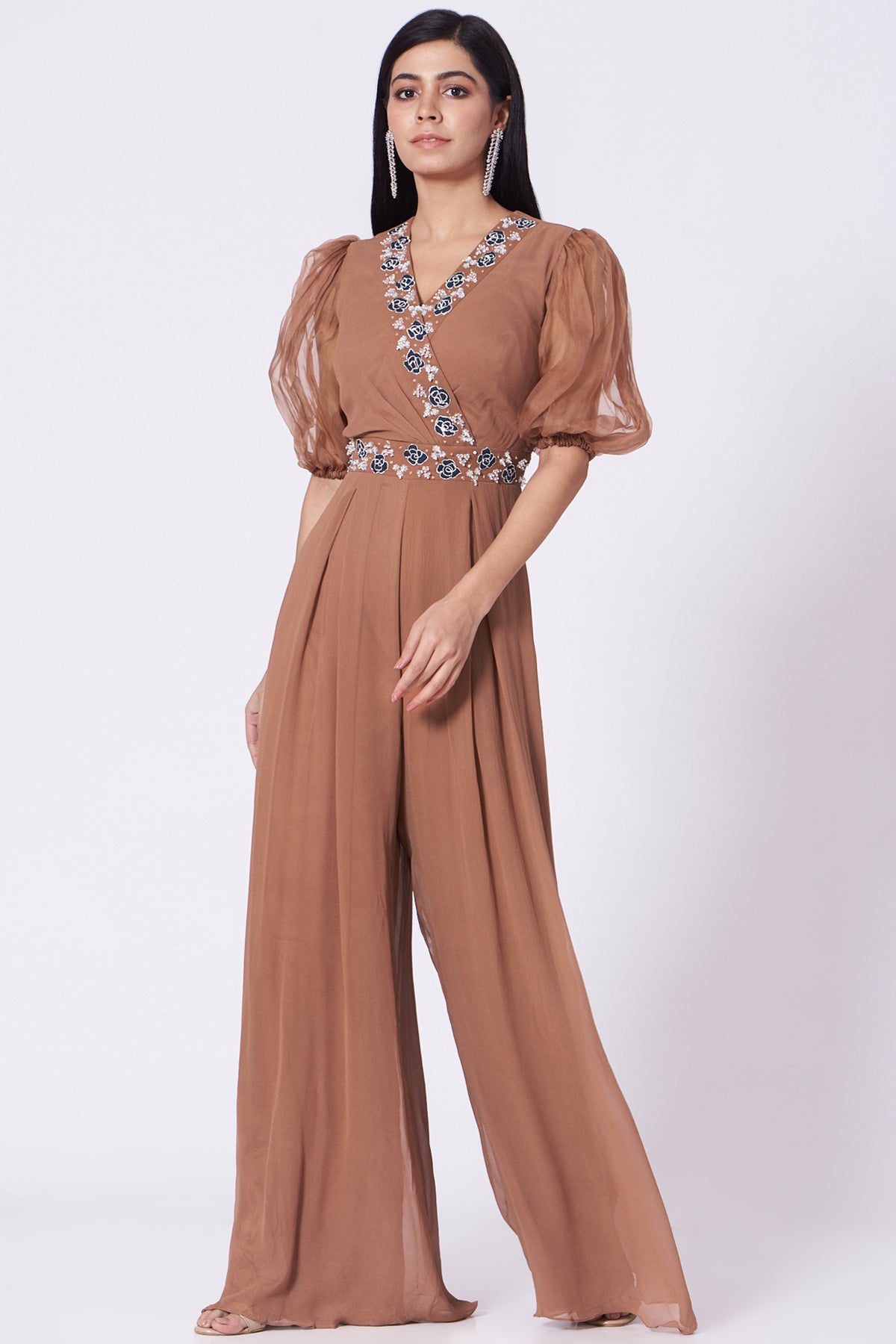 Brown Hand Embroidered Jumpsuit