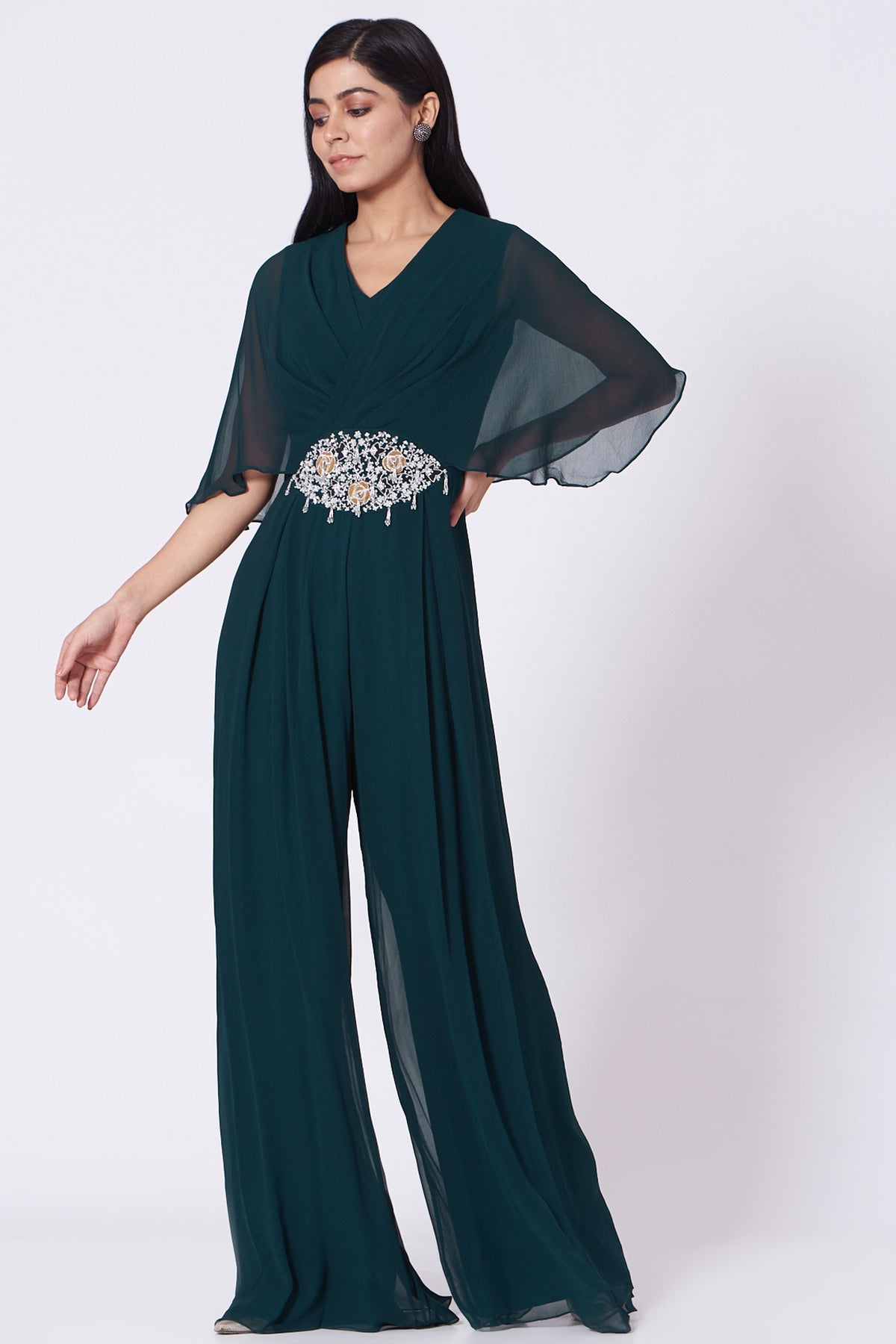 Teal Green Hand Embroidered Jumpsuit