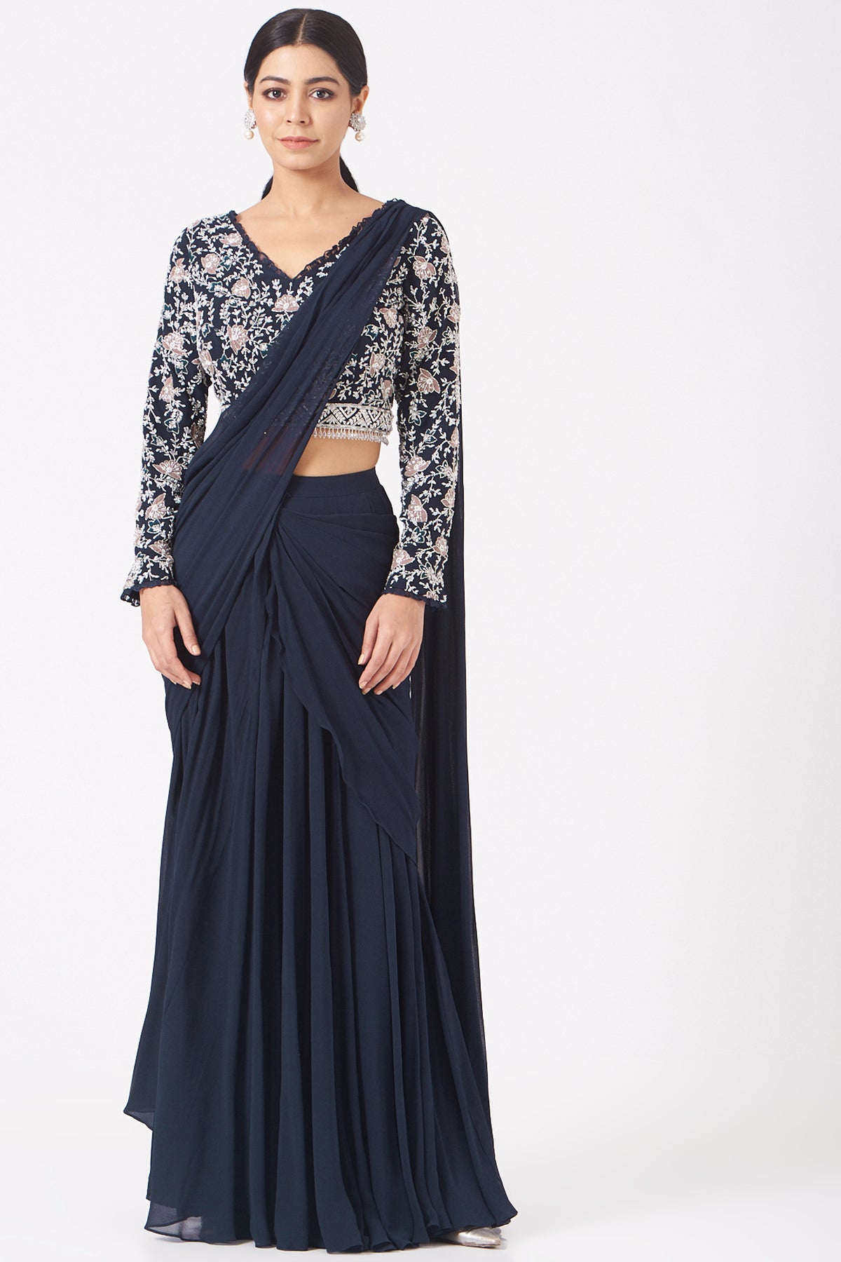 Navy Blue Draped Saree Set