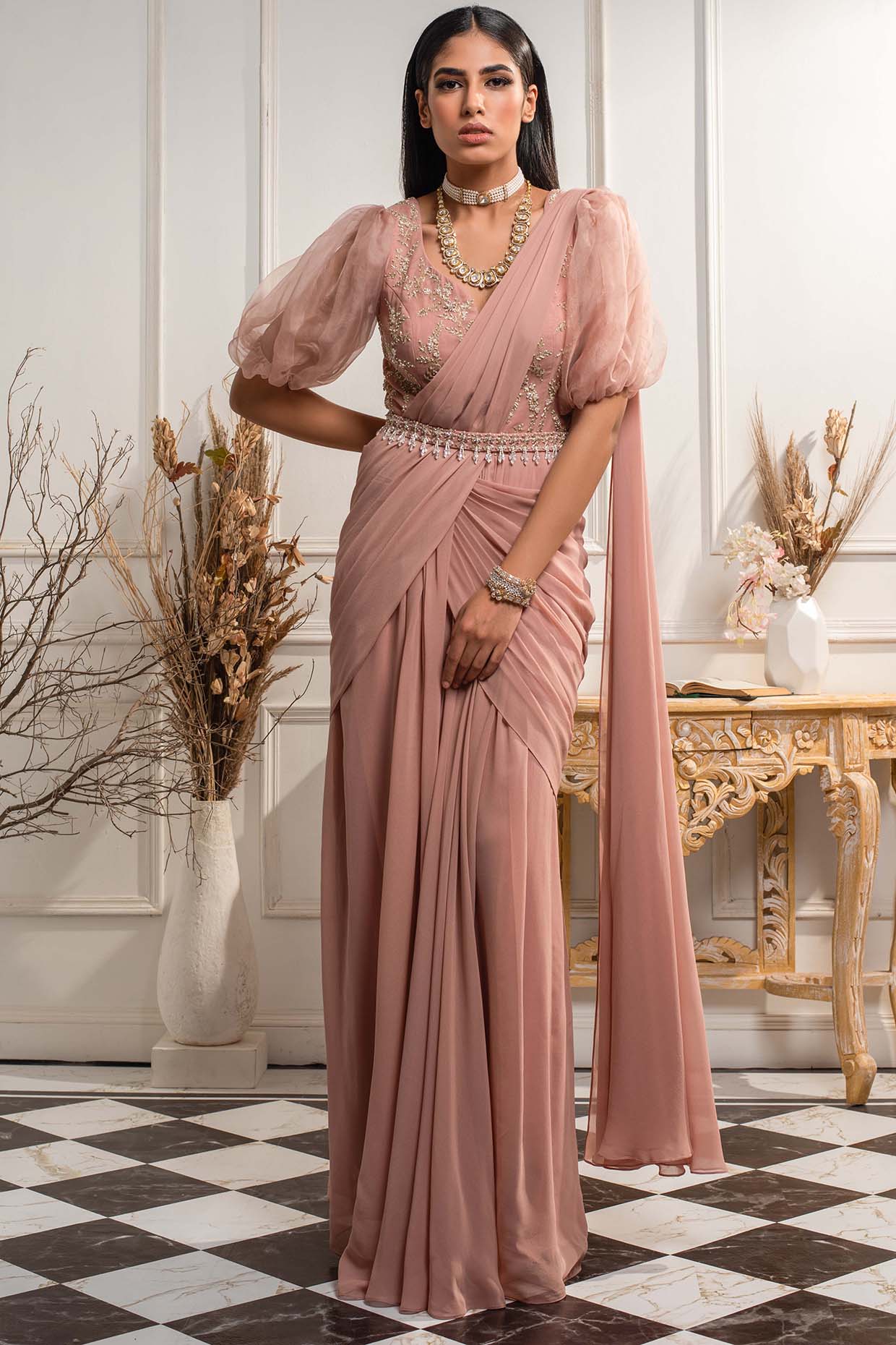Chhavvi Aggarwal Yoke Draped Saree Gown | Women, Sarees, Saree Gowns, Pre-draped  Sarees, Pink, Cut Dana, Bamber… | Exquisite gowns, One piece gown,  Embroidered gown