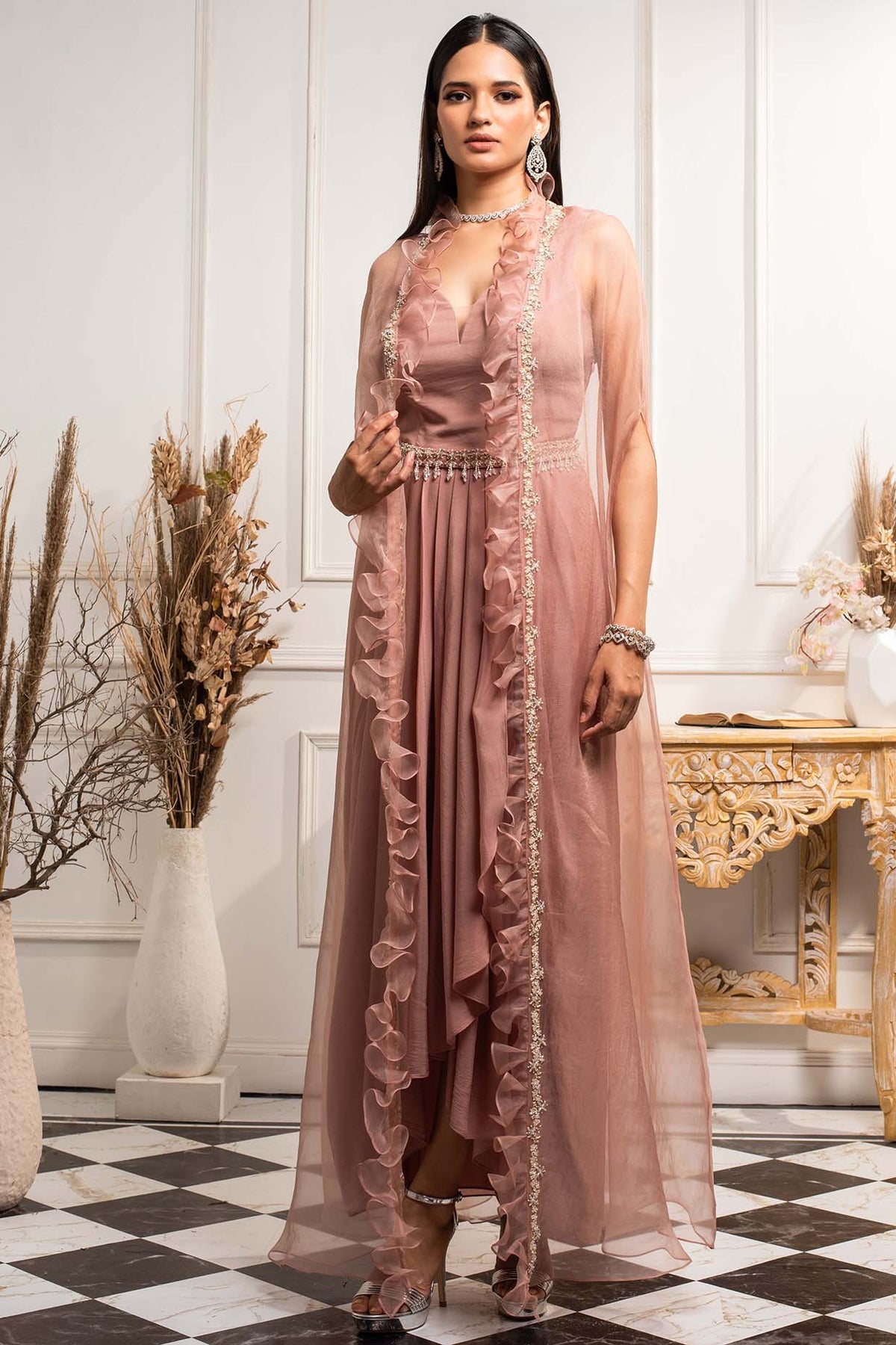 Blush Pink Embellished Dress With Ruffled Jacket & Belt SeemaThukral Blush Pink Embellished Dress With Ruffled Jacket & Belt SeemaThukral