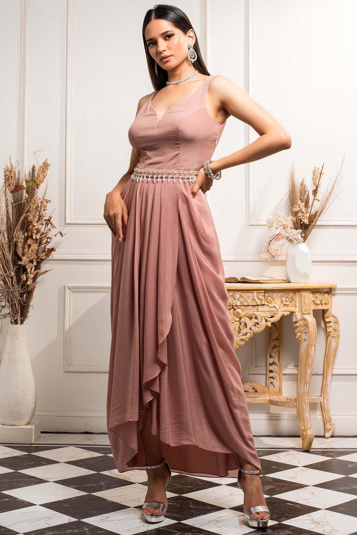 Blush Pink Embellished Pleated Dress With Belt SeemaThukral
