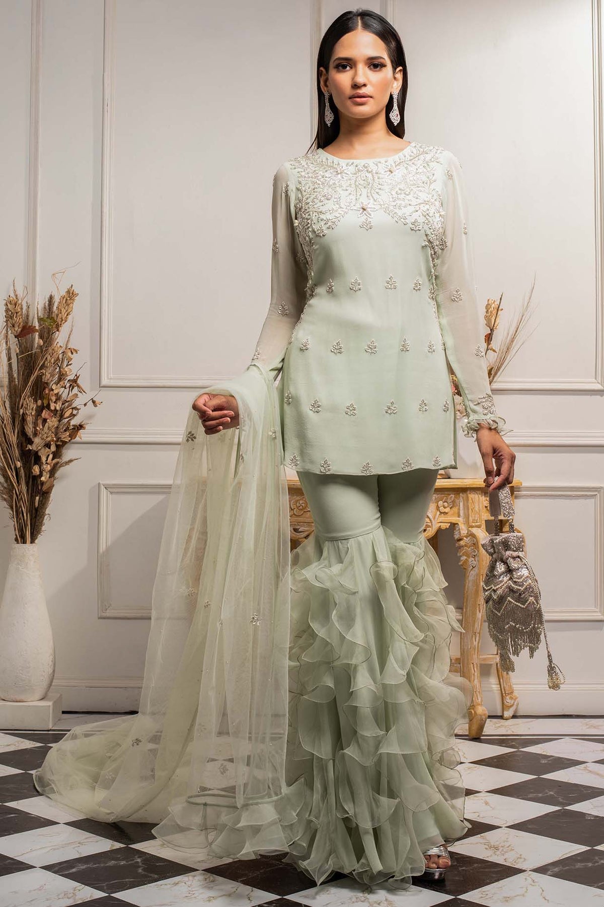 Mint Green Embroidered Gharara Set