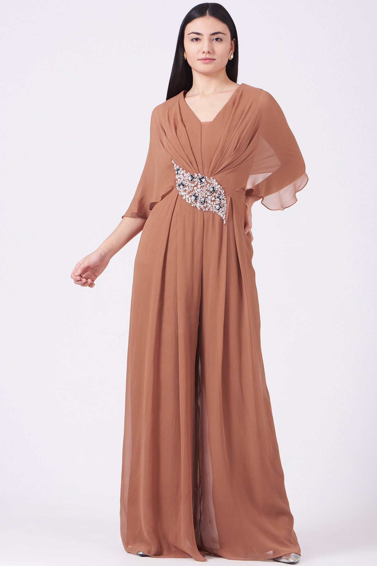 Brown Embroidered Jumpsuit