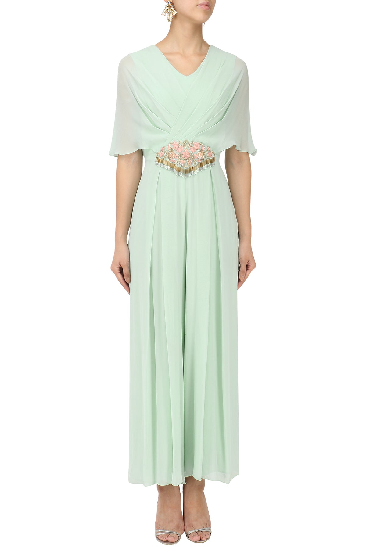 Pistachio Green Embroidered Draped Jumpsuit